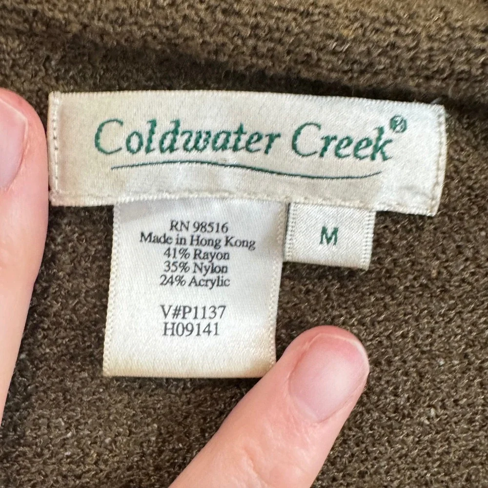 Coldwater Creek M Olive Brown Fringe Waterfall Open Front Cardigan Knit‎ Boho
